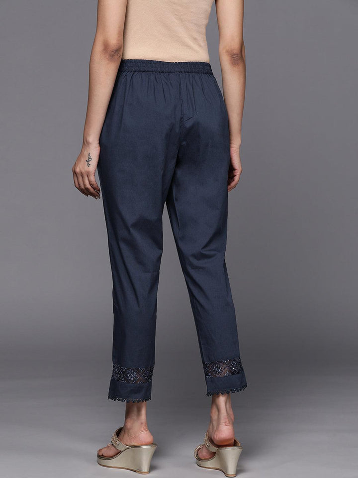 Navy Blue Solid Cotton Trousers - ShopLibas