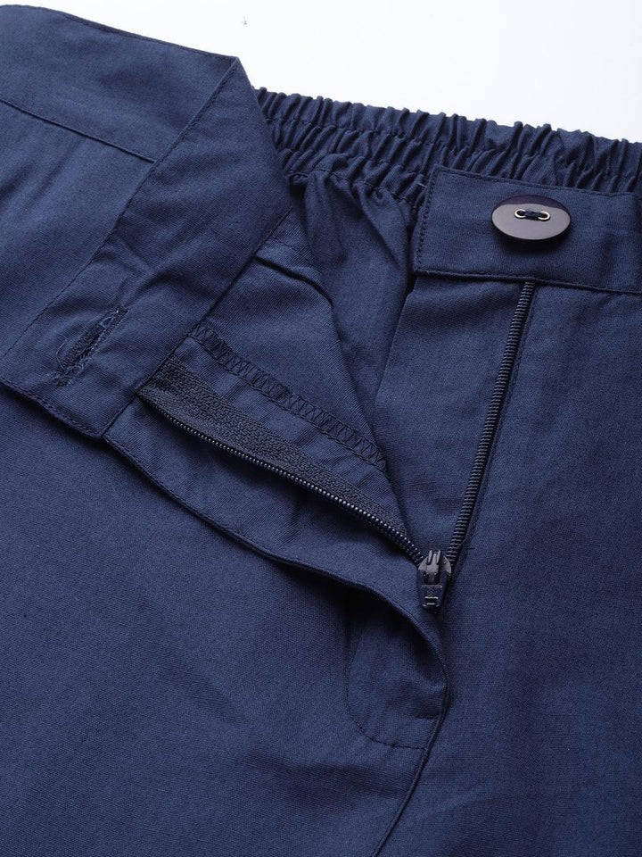 Navy Blue Solid Cotton Trousers - ShopLibas