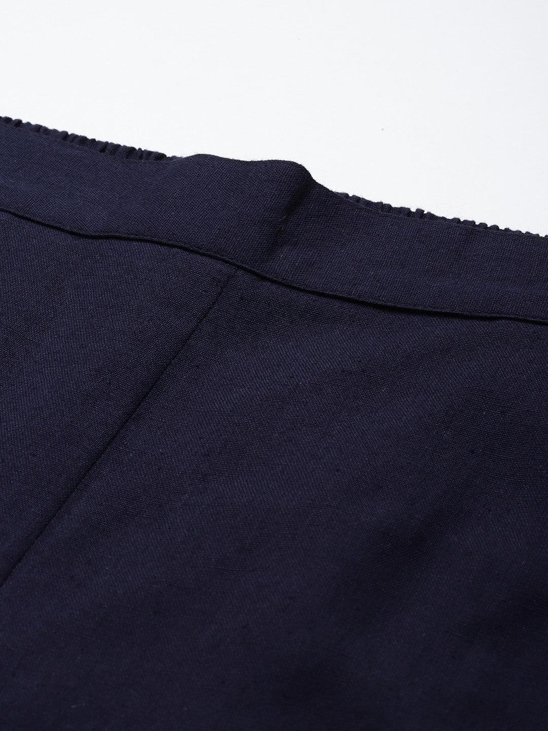 Navy Blue Solid Cotton Trousers - ShopLibas 