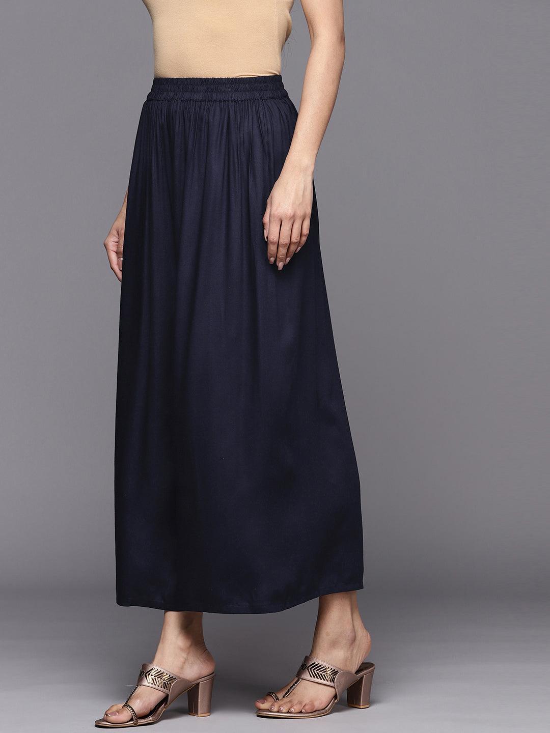 Navy Blue Solid Rayon Palazzos - ShopLibas 