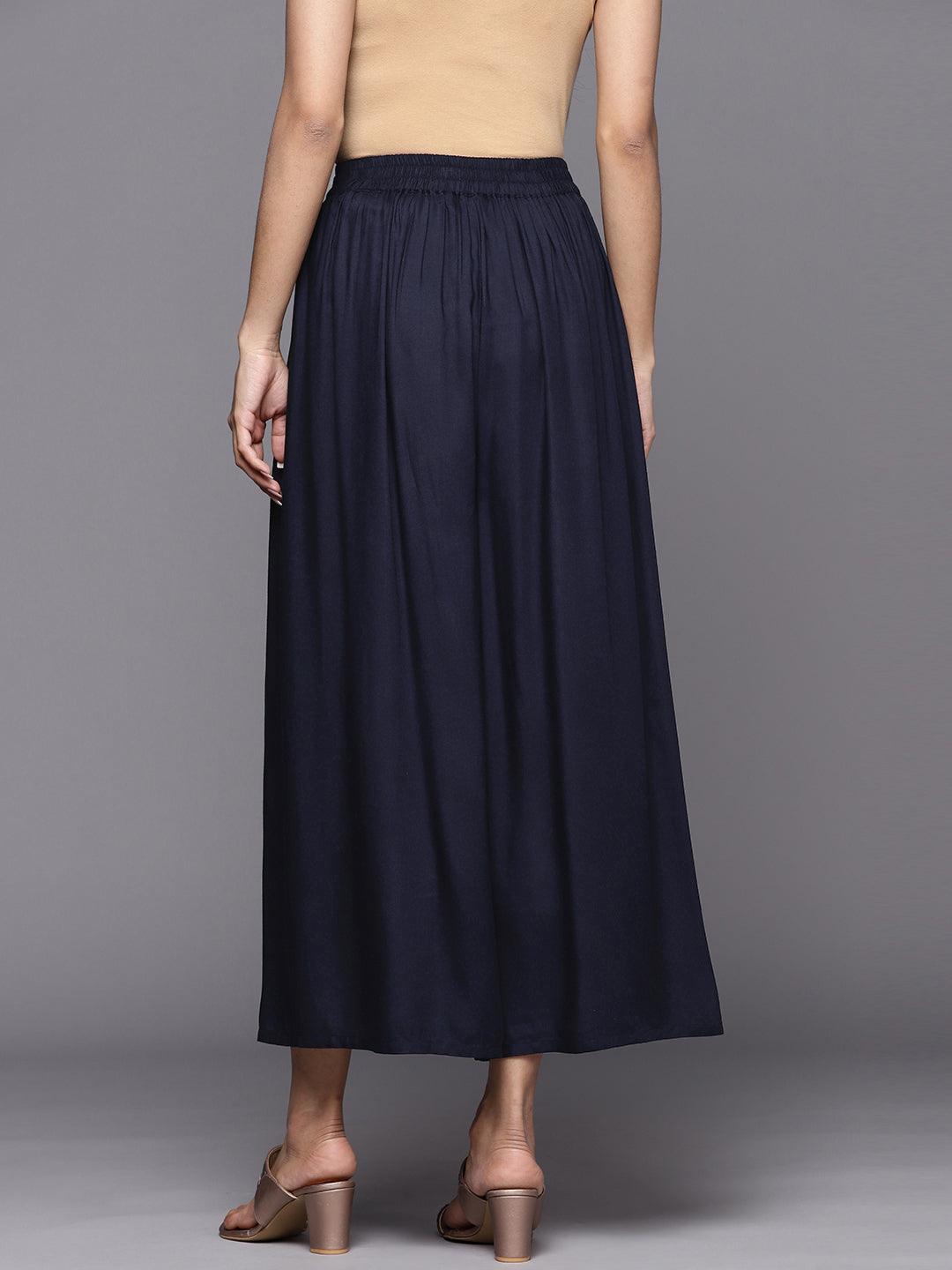 Navy Blue Solid Rayon Palazzos - ShopLibas 