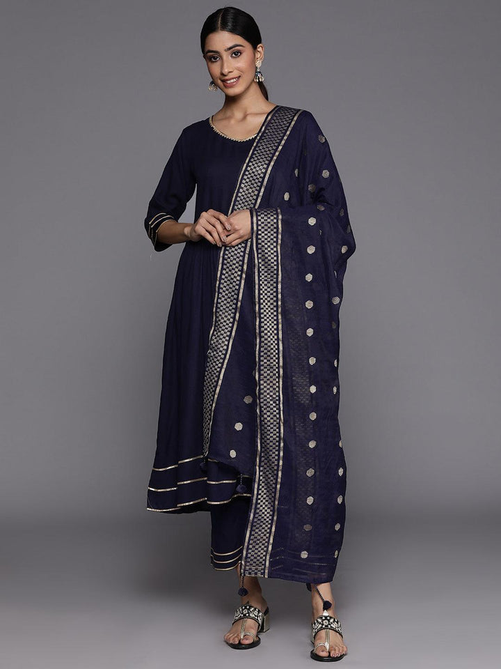 Navy Blue Solid Rayon Suit Set With Trousers - ShopLibas