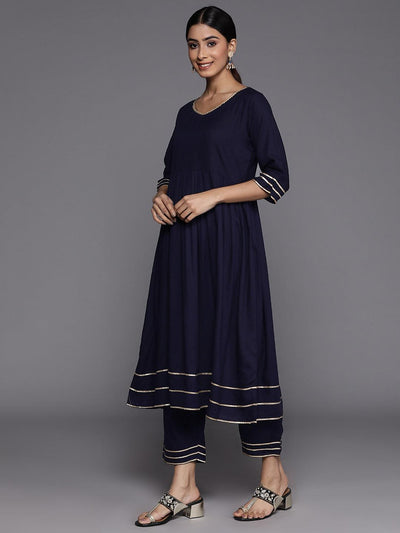 Navy Blue Solid Rayon Suit Set With Trousers - ShopLibas