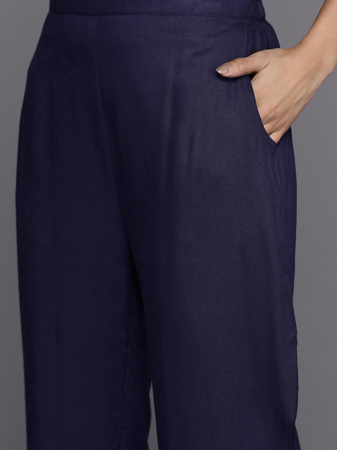 Navy Blue Solid Rayon Suit Set With Trousers - ShopLibas