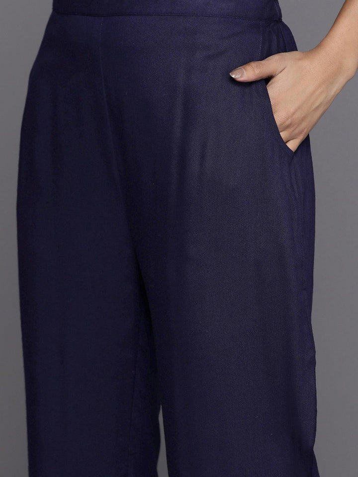 Navy Blue Solid Rayon Suit Set With Trousers - ShopLibas