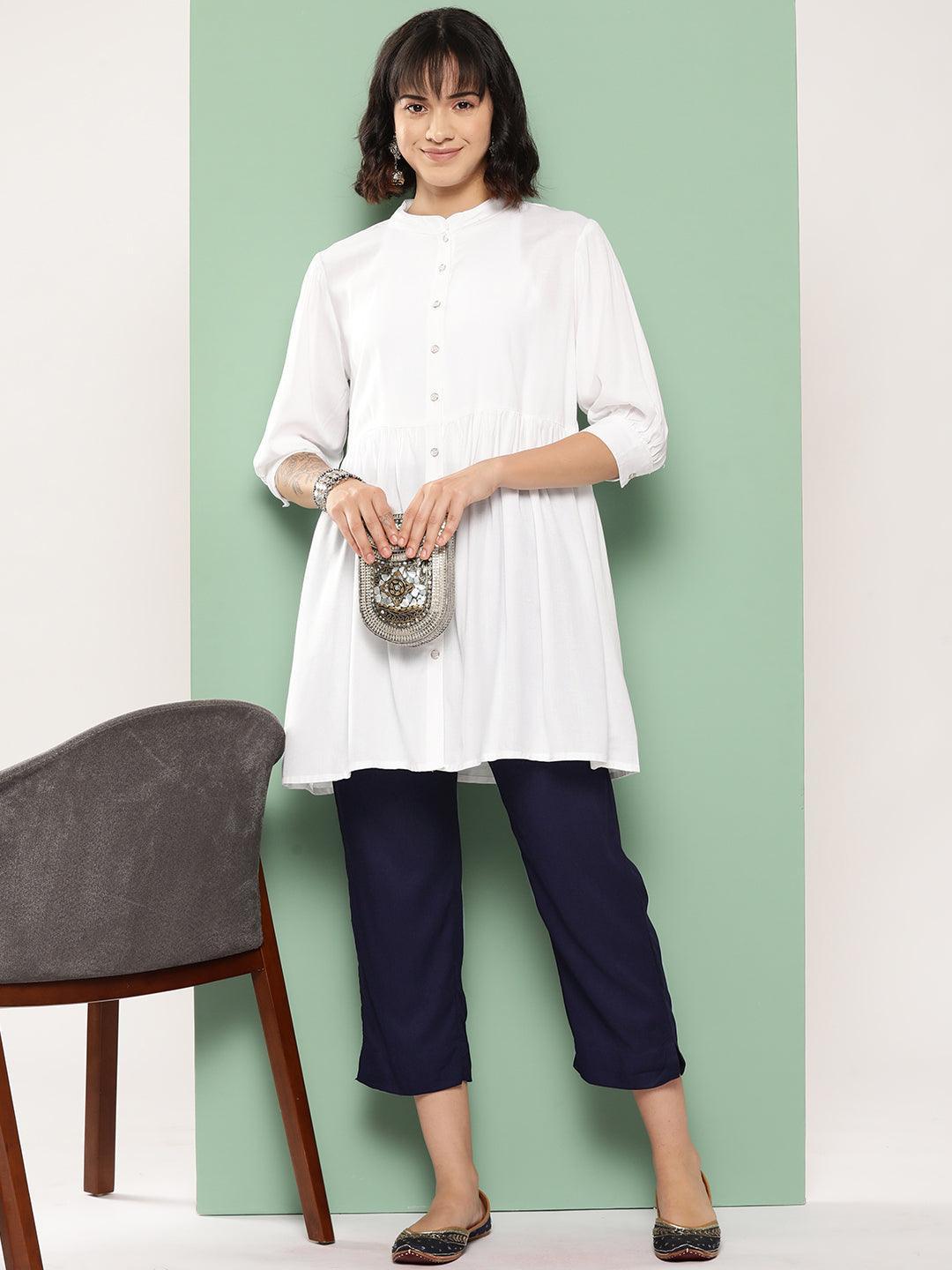 Navy Blue Solid Rayon Trousers - Libas 