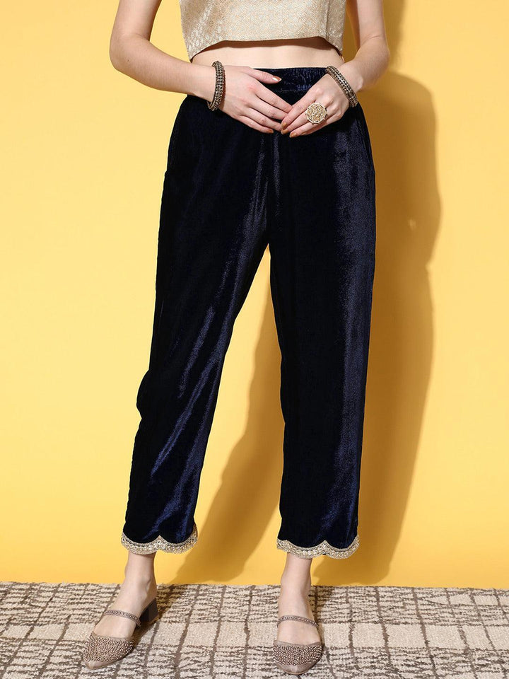 Navy Blue Solid Velvet Trousers - ShopLibas