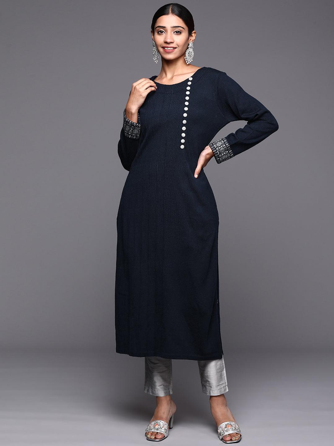 Navy Blue Solid Wool Straight Kurta - ShopLibas