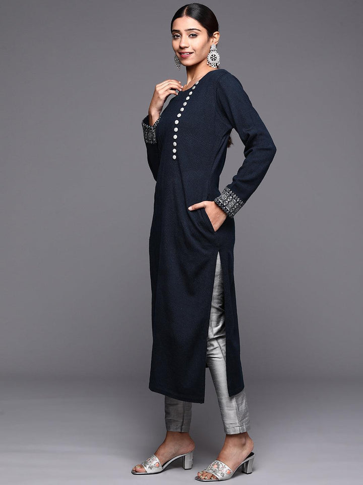 Navy Blue Solid Wool Straight Kurta - ShopLibas