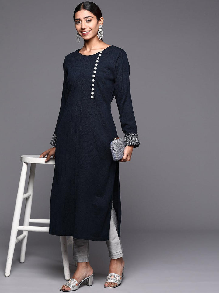 Navy Blue Solid Wool Straight Kurta - ShopLibas
