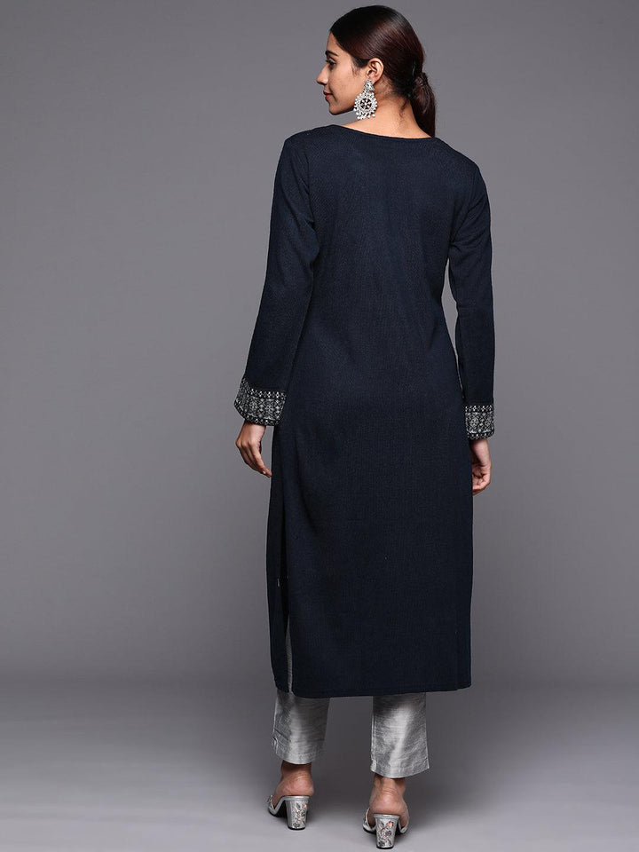 Navy Blue Solid Wool Straight Kurta - ShopLibas