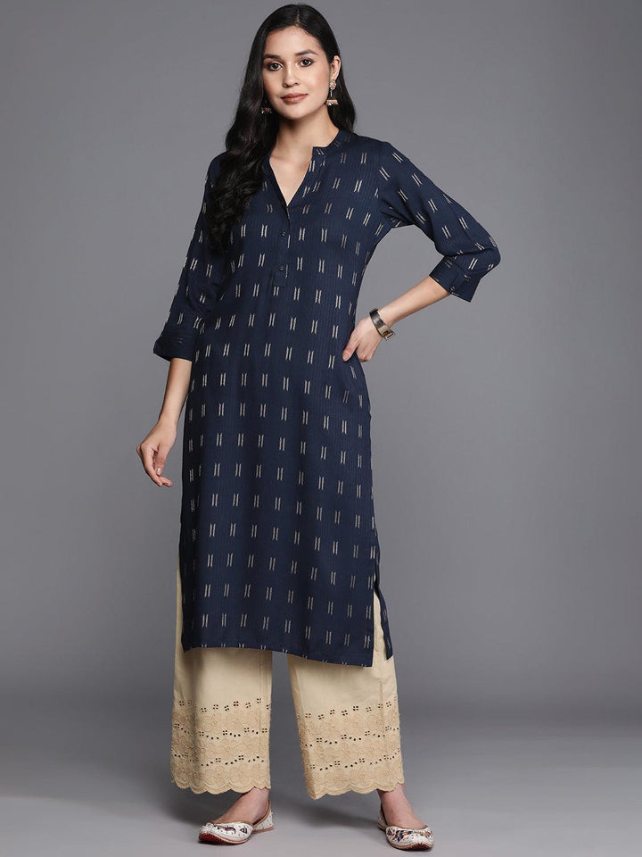 Navy Blue Woven Design Rayon Straight Kurta - ShopLibas