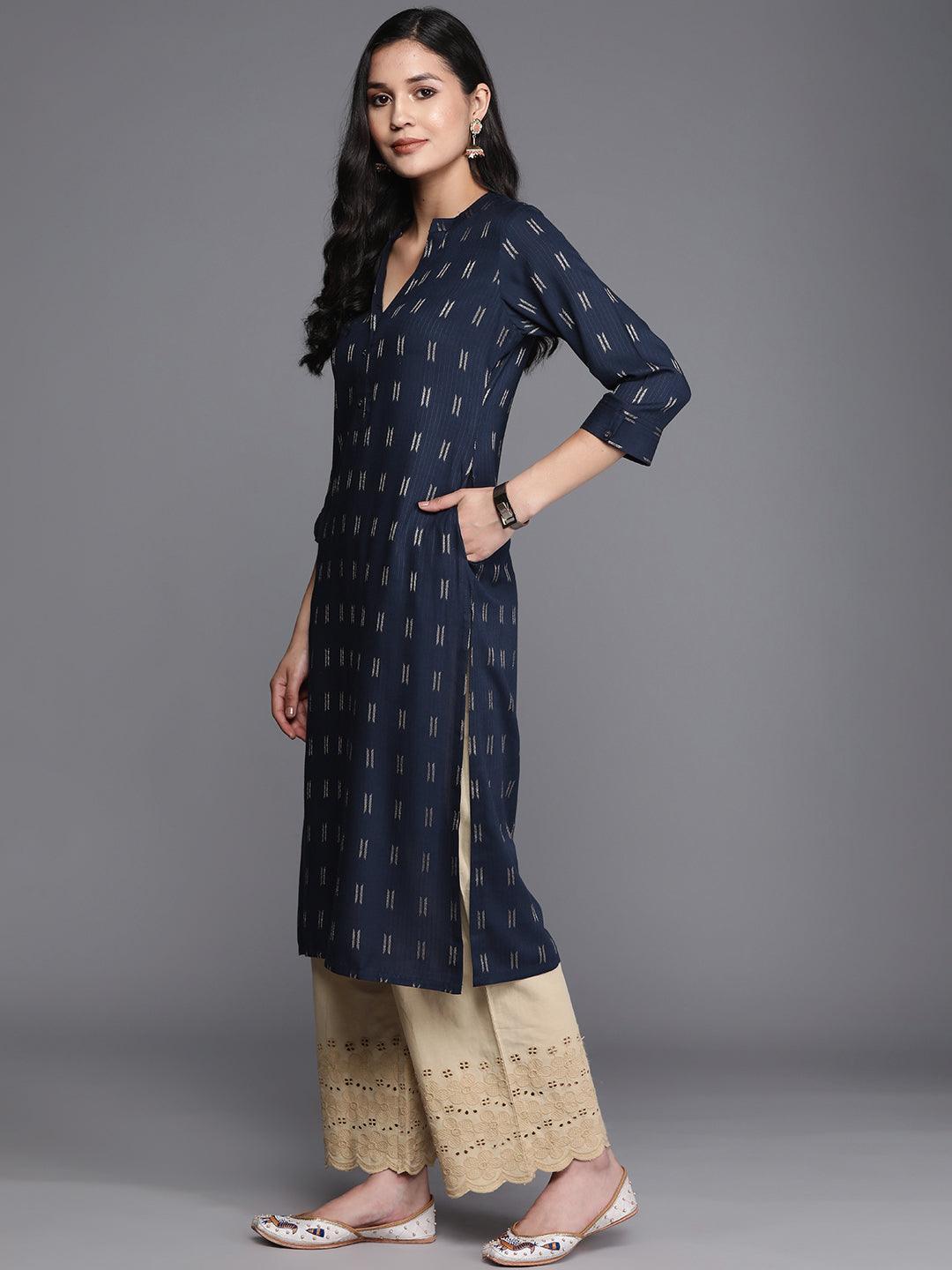 Navy Blue Woven Design Rayon Straight Kurta - ShopLibas