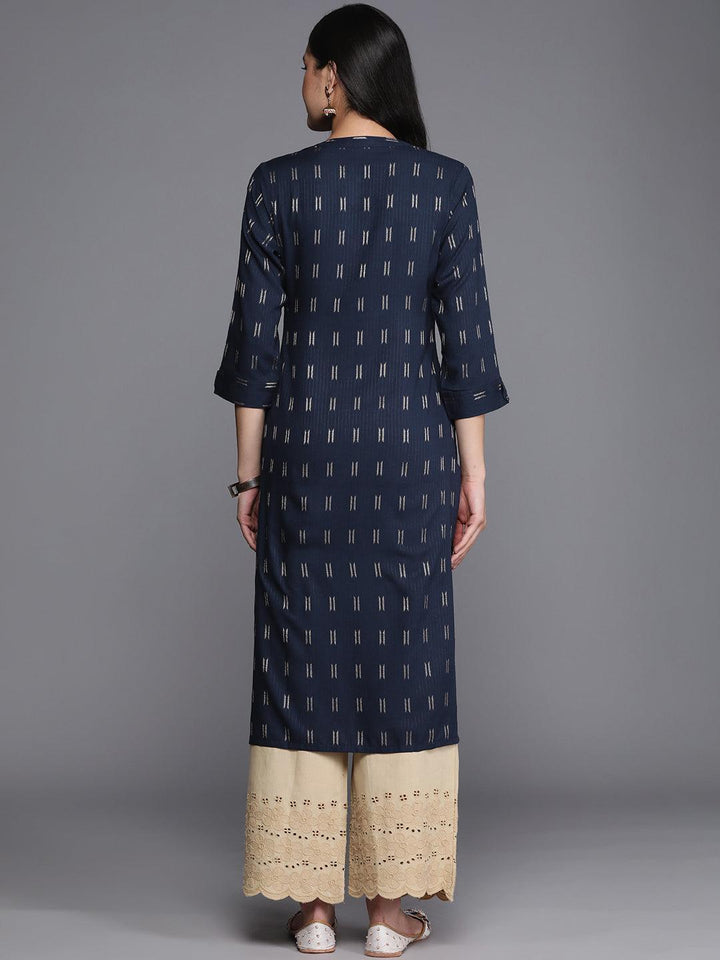 Navy Blue Woven Design Rayon Straight Kurta - ShopLibas