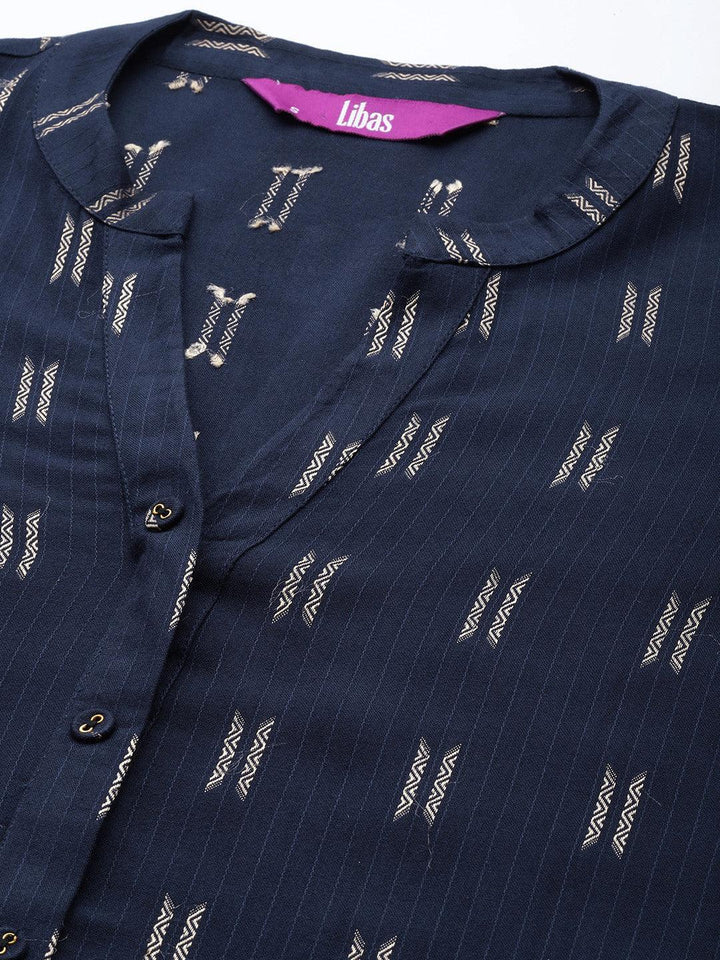 Navy Blue Woven Design Rayon Straight Kurta - ShopLibas