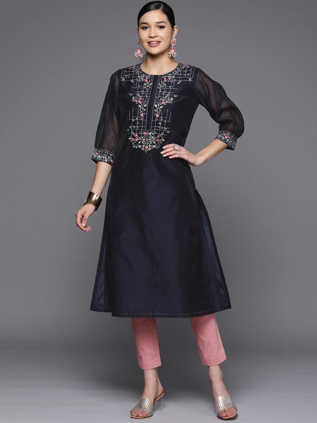Navy Blue Yoke Design Chanderi Cotton Straight Kurta - Libas