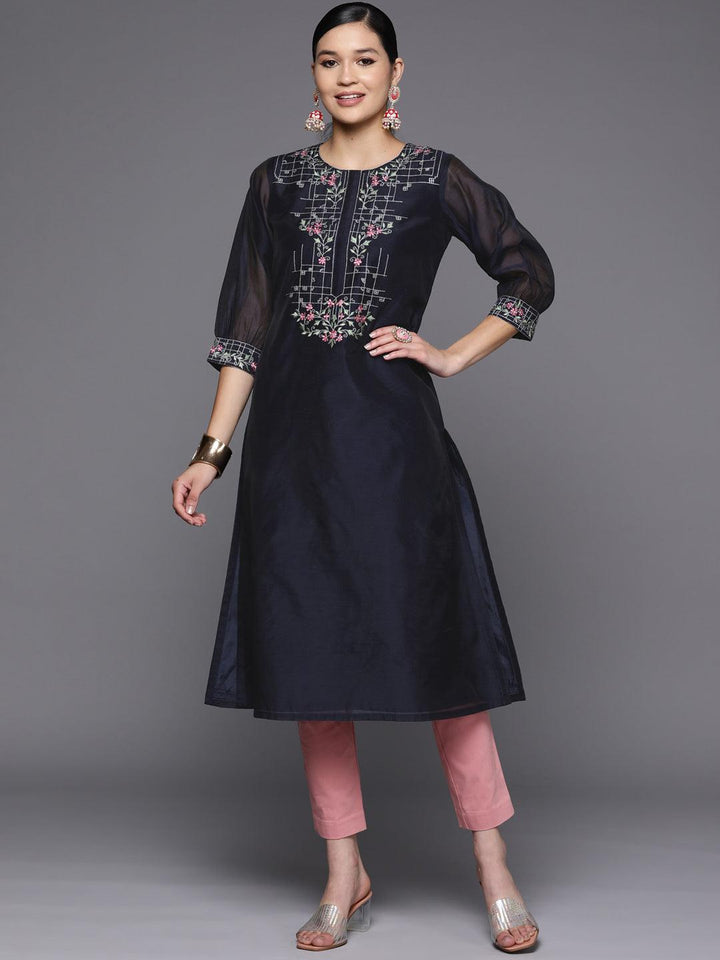 Navy Blue Yoke Design Chanderi Cotton Straight Kurta - Libas