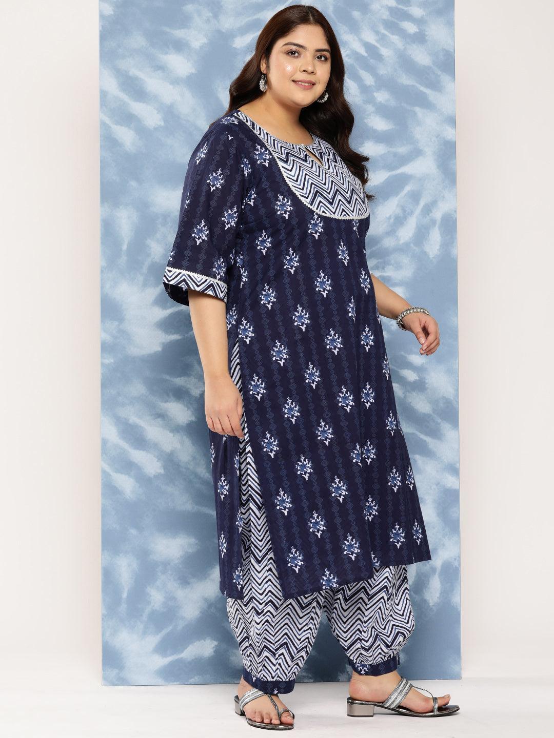Navy Blue Yoke Design Cotton Straight Kurta With Salwar and Dupatta - Libas 