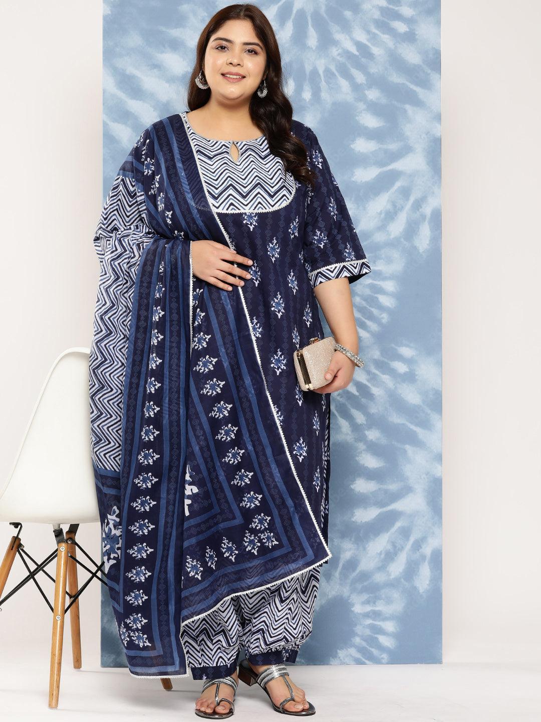 Navy Blue Yoke Design Cotton Straight Kurta With Salwar and Dupatta - Libas 