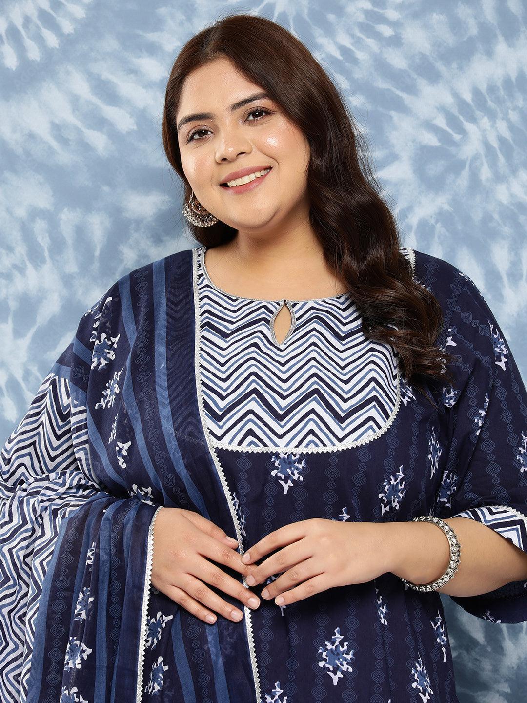 Navy Blue Yoke Design Cotton Straight Kurta With Salwar and Dupatta - Libas 