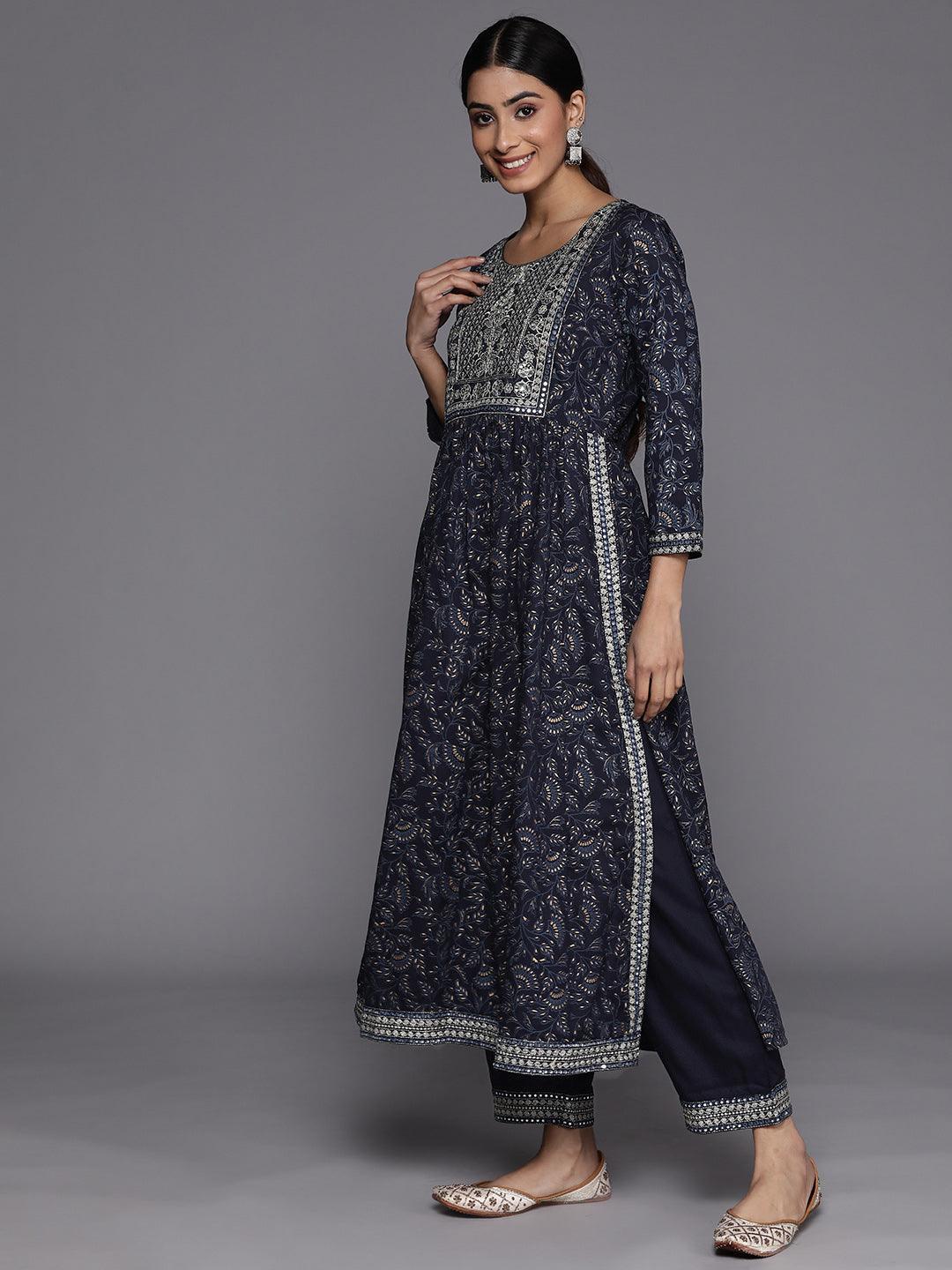 Navy Blue Yoke Design Rayon A-Line Suit Set With Trousers - ShopLibas 