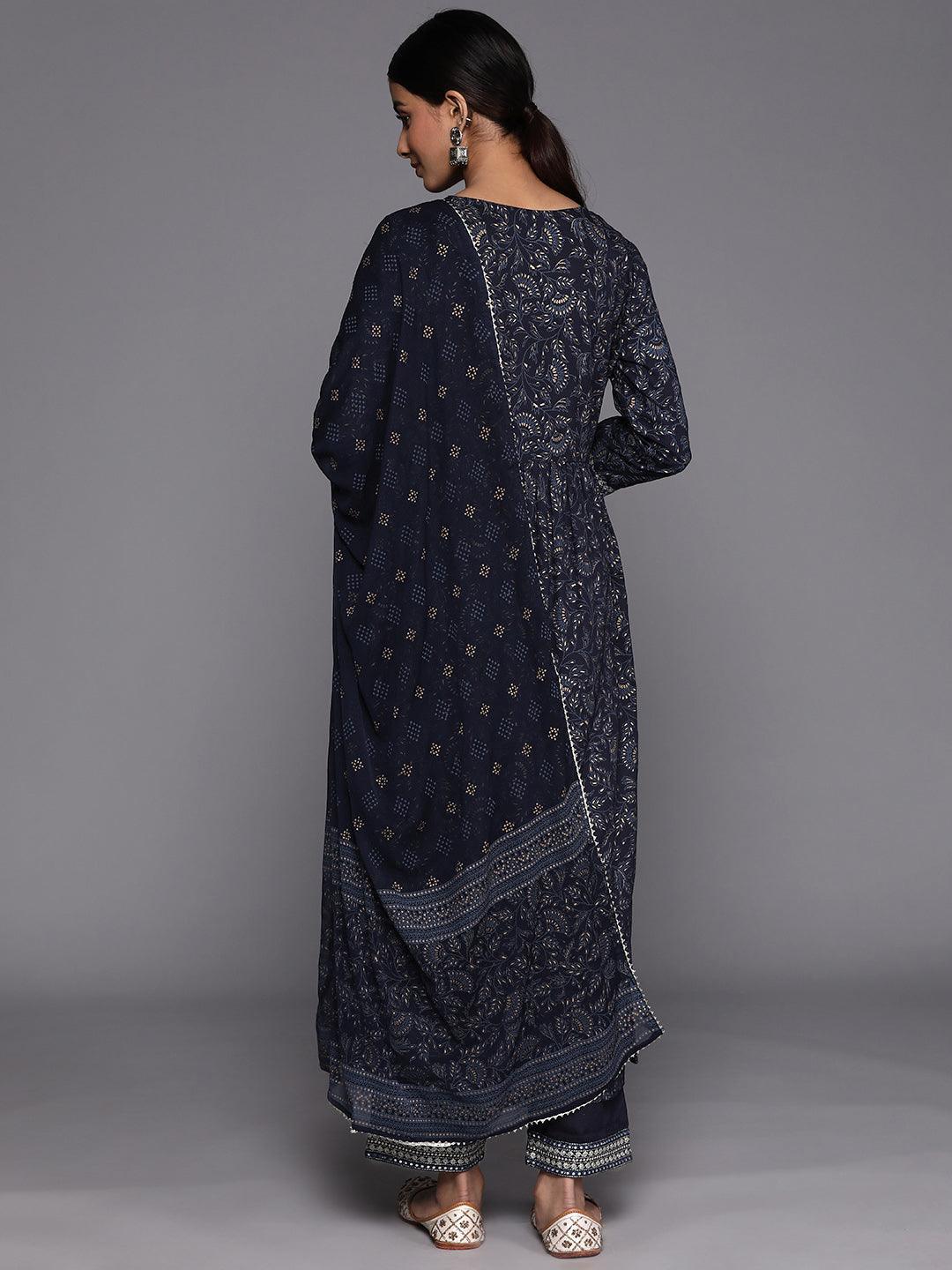 Navy Blue Yoke Design Rayon A-Line Suit Set With Trousers - ShopLibas 