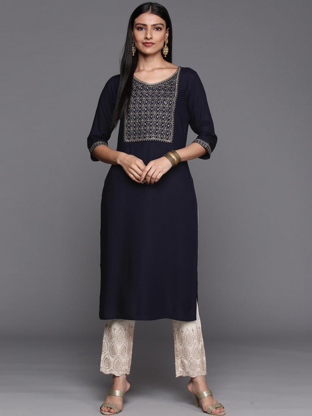 Navy Blue Yoke Design Rayon Straight Kurta - ShopLibas