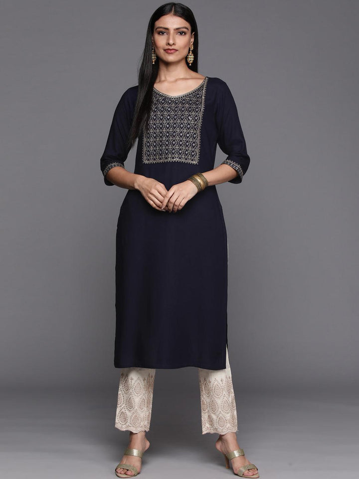Navy Blue Yoke Design Rayon Straight Kurta - ShopLibas