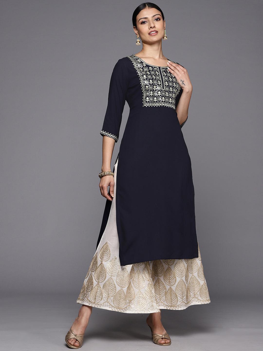 Navy Blue Printed Rayon Straight Kurta - ShopLibas