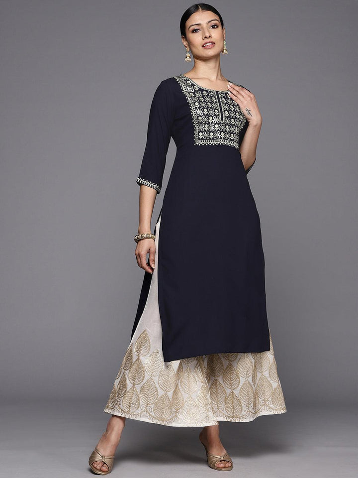 Navy Blue Printed Rayon Straight Kurta - ShopLibas