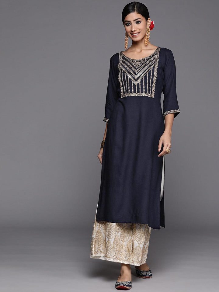 Navy Blue Yoke Design Rayon Straight Kurta - ShopLibas