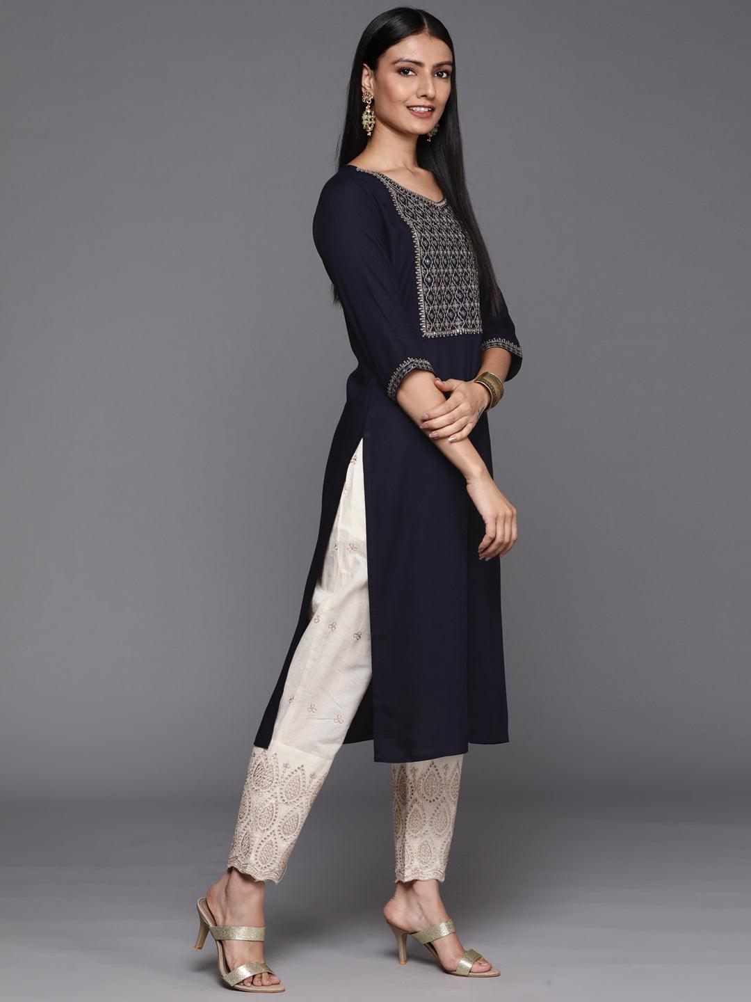 Navy Blue Yoke Design Rayon Straight Kurta - ShopLibas