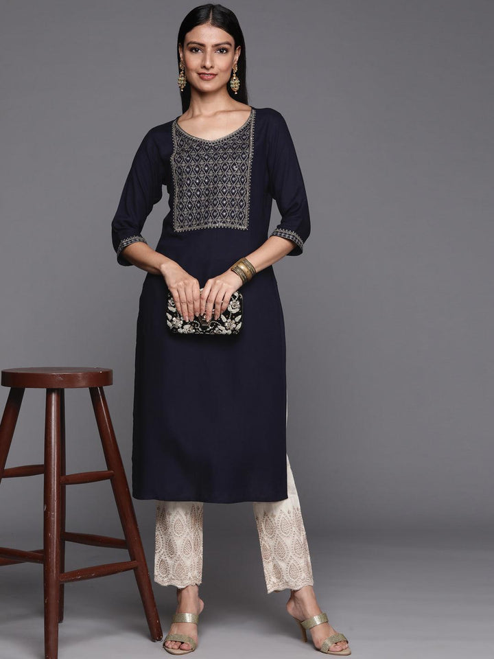 Navy Blue Yoke Design Rayon Straight Kurta - ShopLibas
