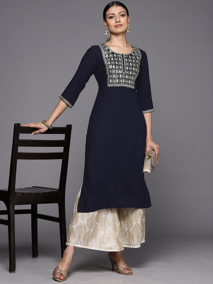Navy Blue Printed Rayon Straight Kurta - ShopLibas