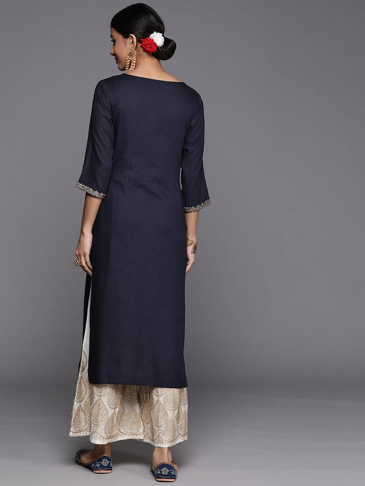 Navy Blue Yoke Design Rayon Straight Kurta - ShopLibas