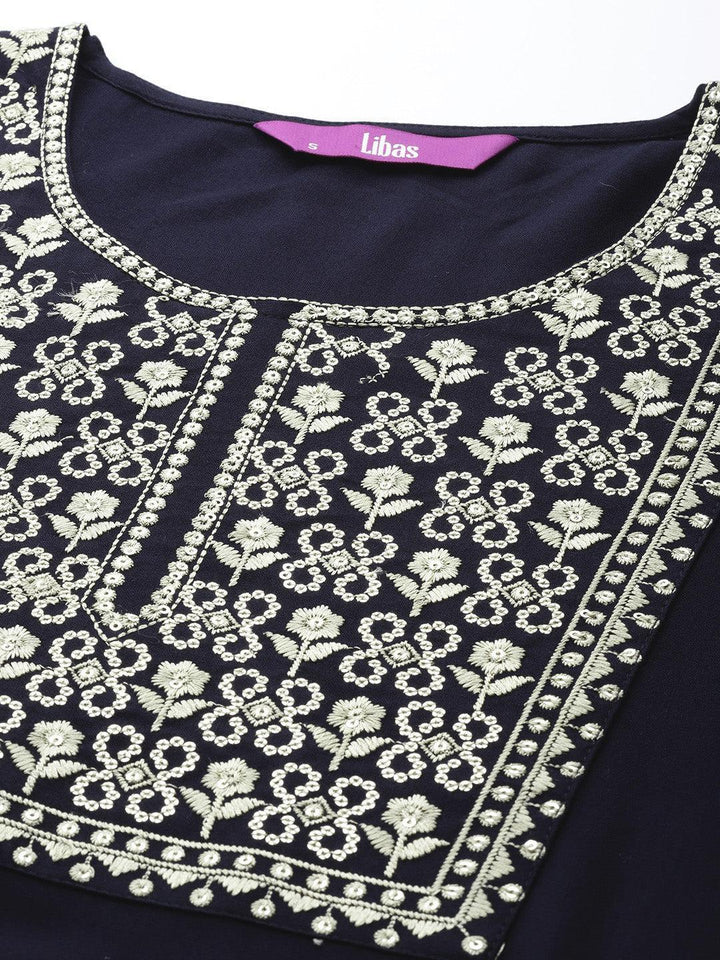 Navy Blue Printed Rayon Straight Kurta - ShopLibas