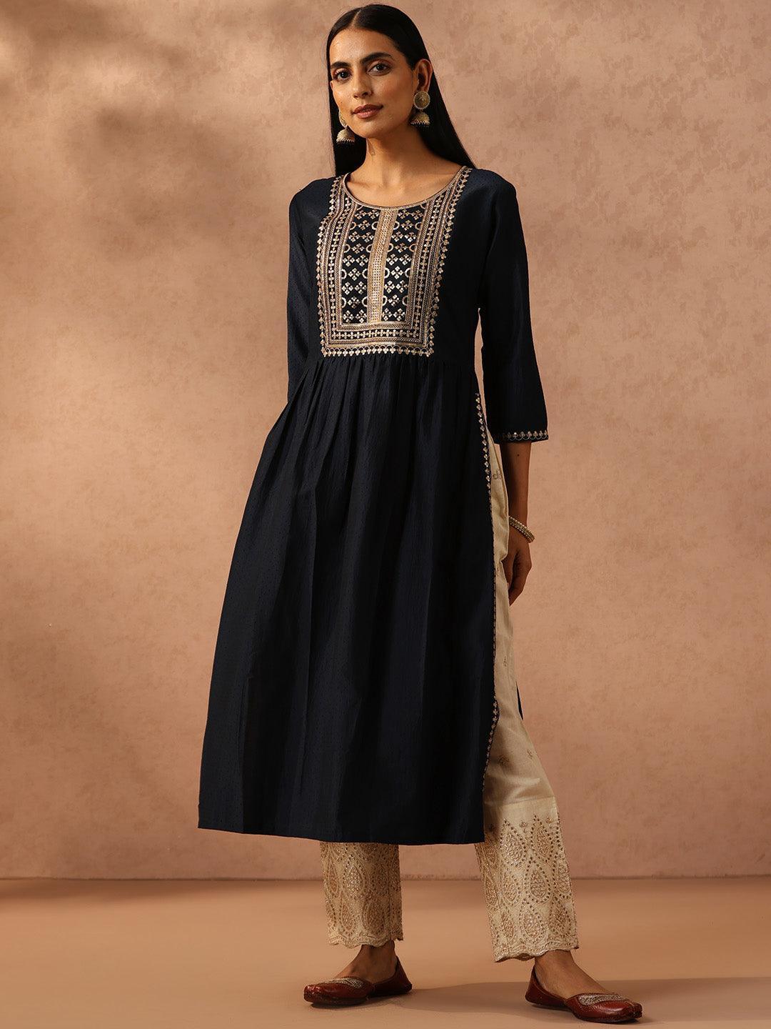 Navy Blue Yoke Design Silk A-Line Kurta - ShopLibas