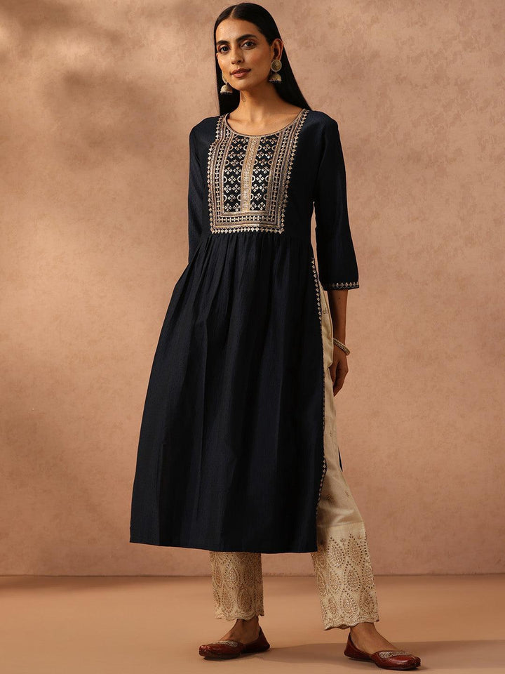 Navy Blue Yoke Design Silk A-Line Kurta - ShopLibas