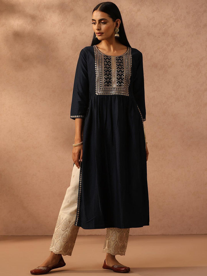 Navy Blue Yoke Design Silk A-Line Kurta - ShopLibas