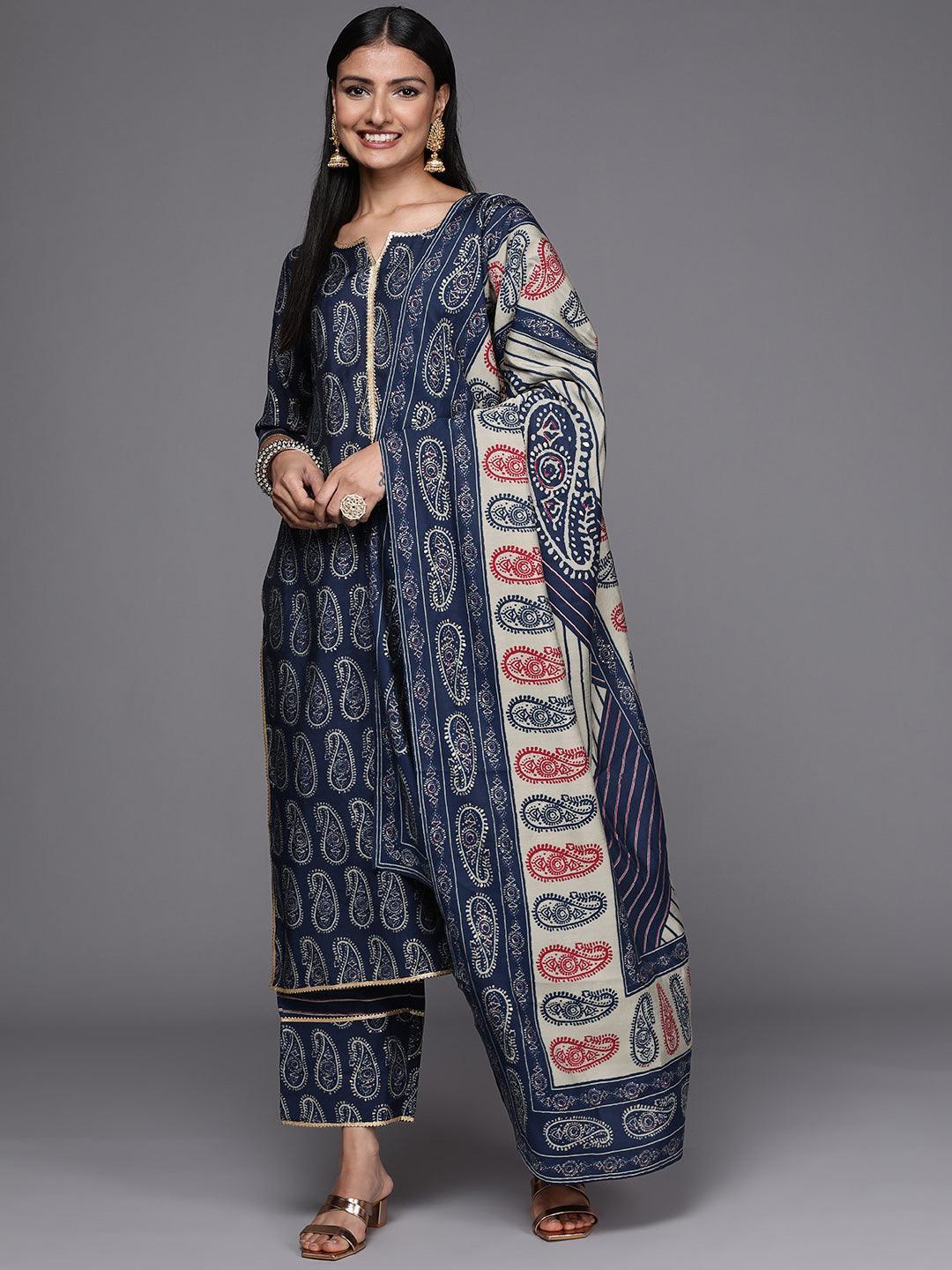 Navy Blue Yoke Design Silk Blend Straight Suit Set - ShopLibas