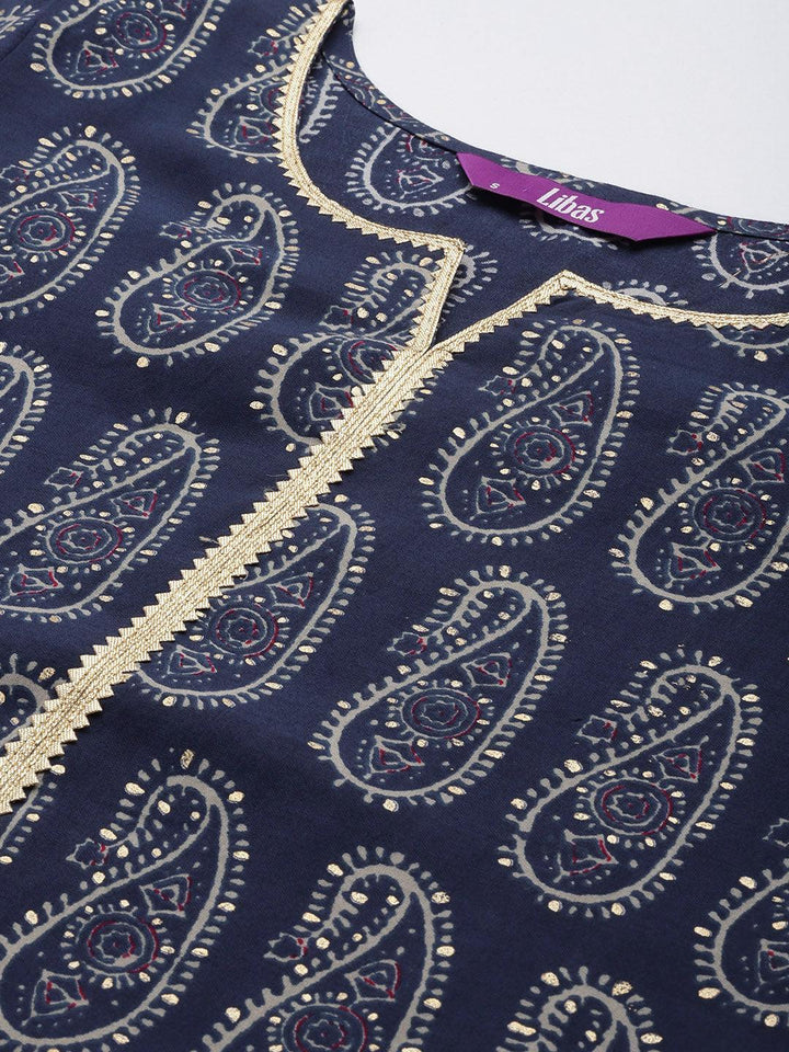 Navy Blue Yoke Design Silk Blend Straight Suit Set - ShopLibas