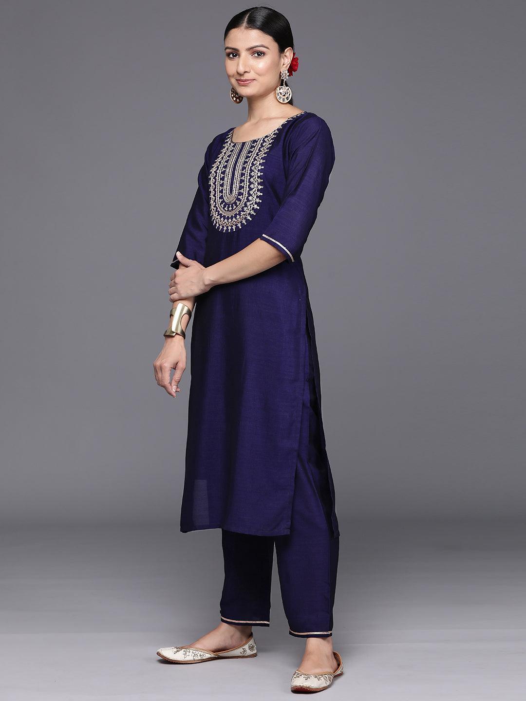 Navy Blue Yoke Design Silk Blend Straight Kurta With Trousers & Dupatta - Libas 