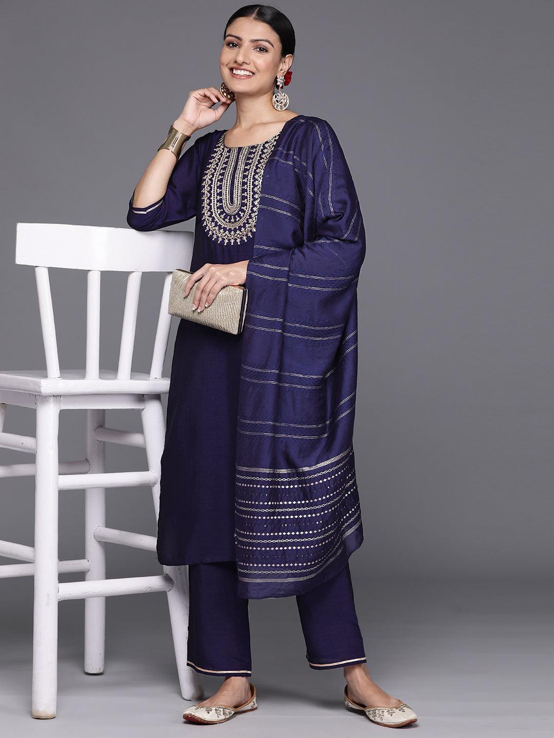 Navy Blue Yoke Design Silk Blend Straight Kurta With Trousers & Dupatta - Libas 