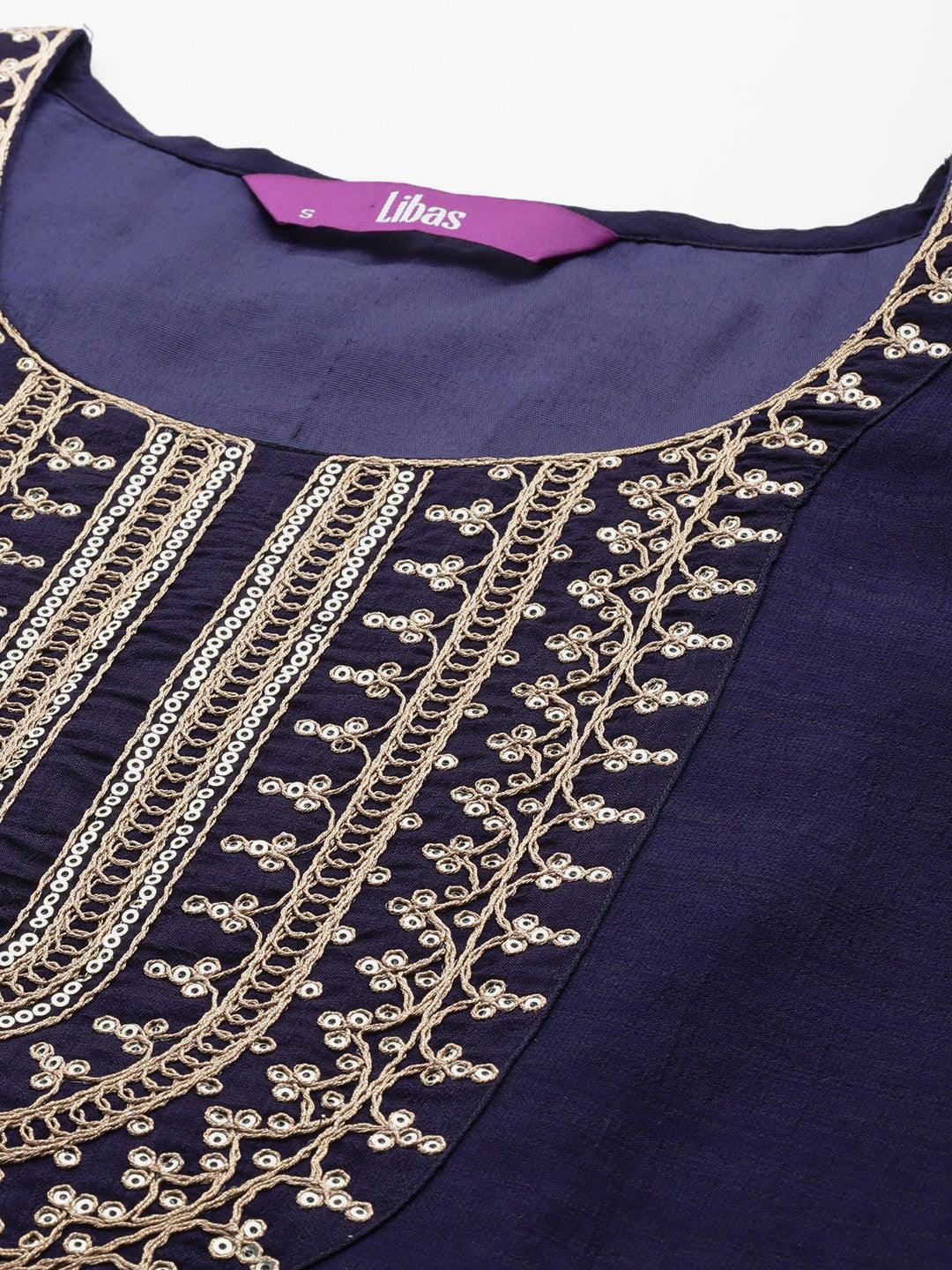 Navy Blue Yoke Design Silk Blend Straight Kurta With Trousers & Dupatta - Libas 