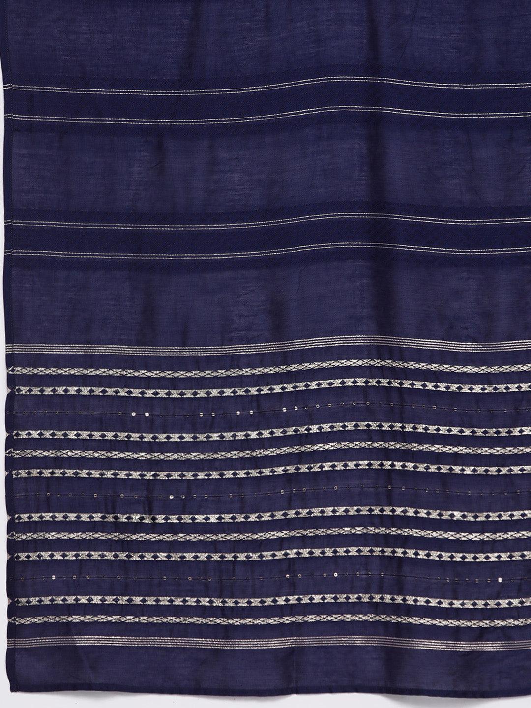 Navy Blue Yoke Design Silk Blend Straight Kurta With Trousers & Dupatta - Libas 