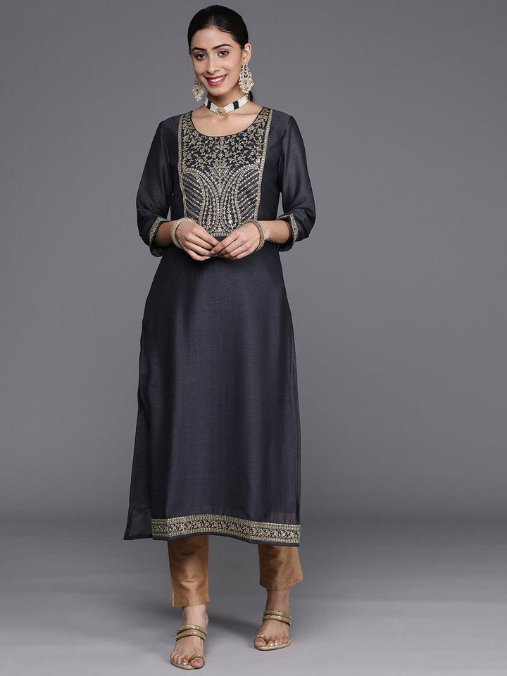 Navy Blue Yoke Design Silk Kurta - ShopLibas