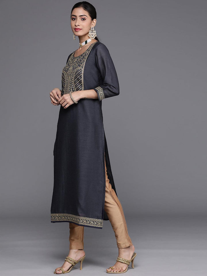 Navy Blue Yoke Design Silk Kurta - ShopLibas