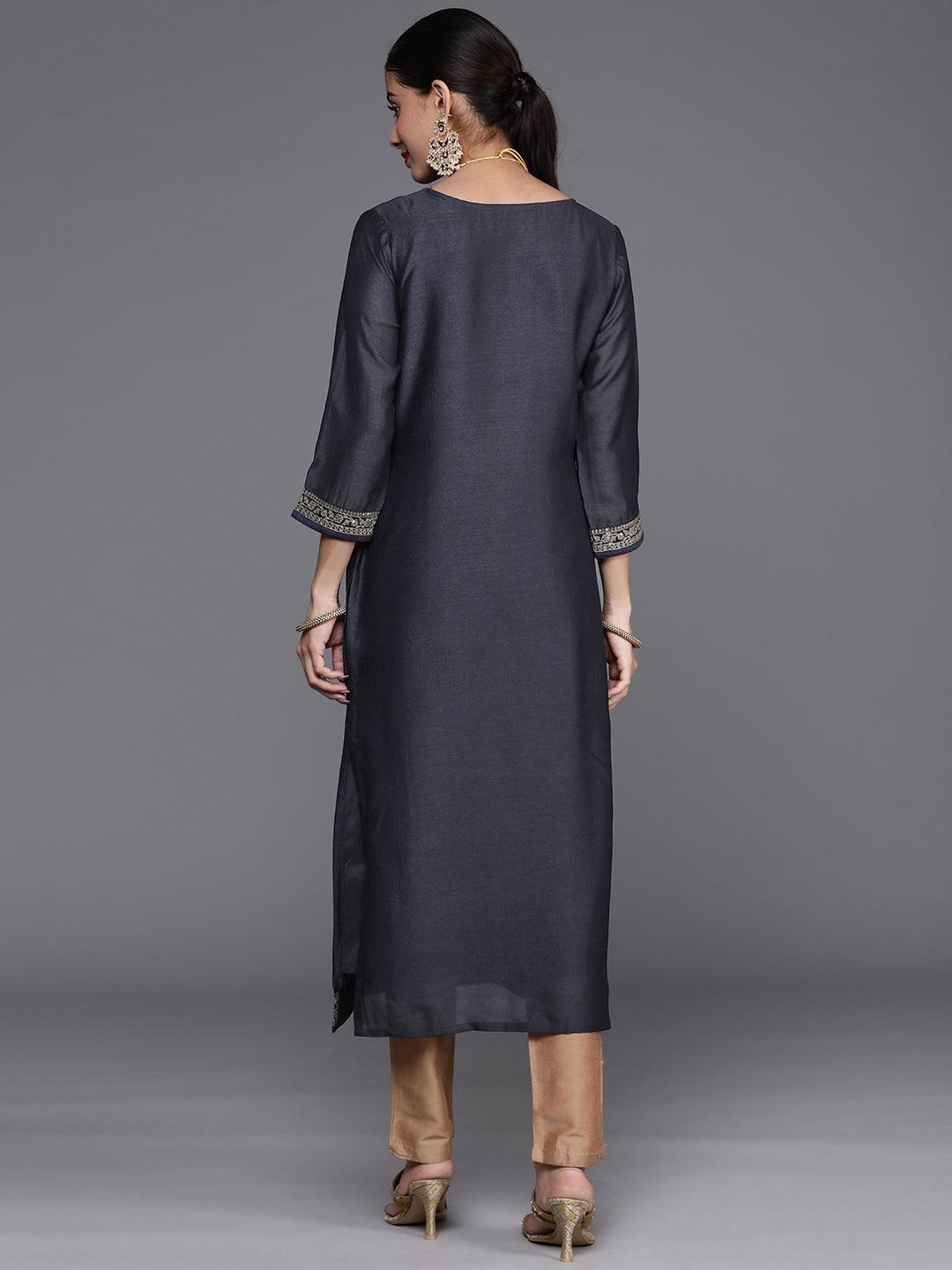 Navy Blue Yoke Design Silk Kurta - ShopLibas