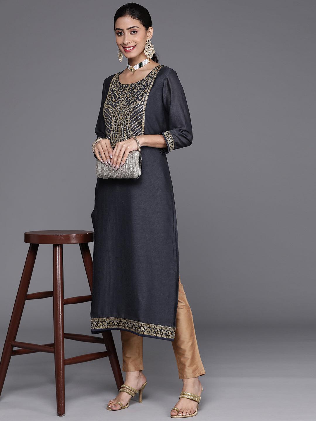 Navy Blue Yoke Design Silk Kurta - ShopLibas