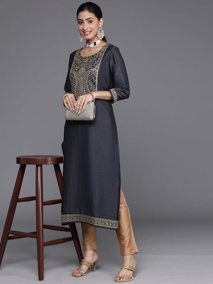 Navy Blue Yoke Design Silk Kurta - ShopLibas